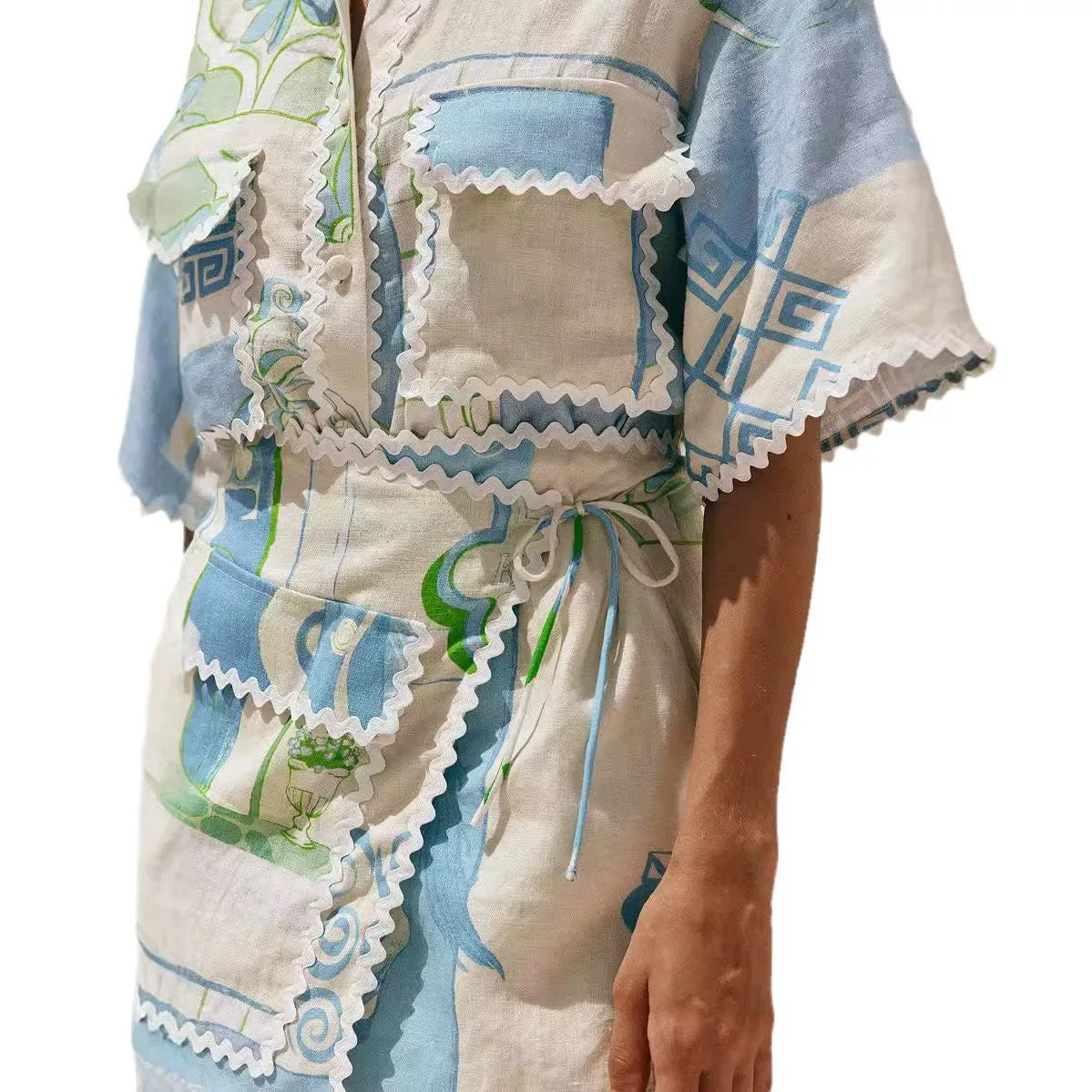 Patterned Short-Sleeve Shirt and Mini Skirt Set