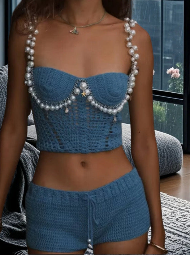 Enchanting Pearl-Embellished Crochet Top and Shorts Set