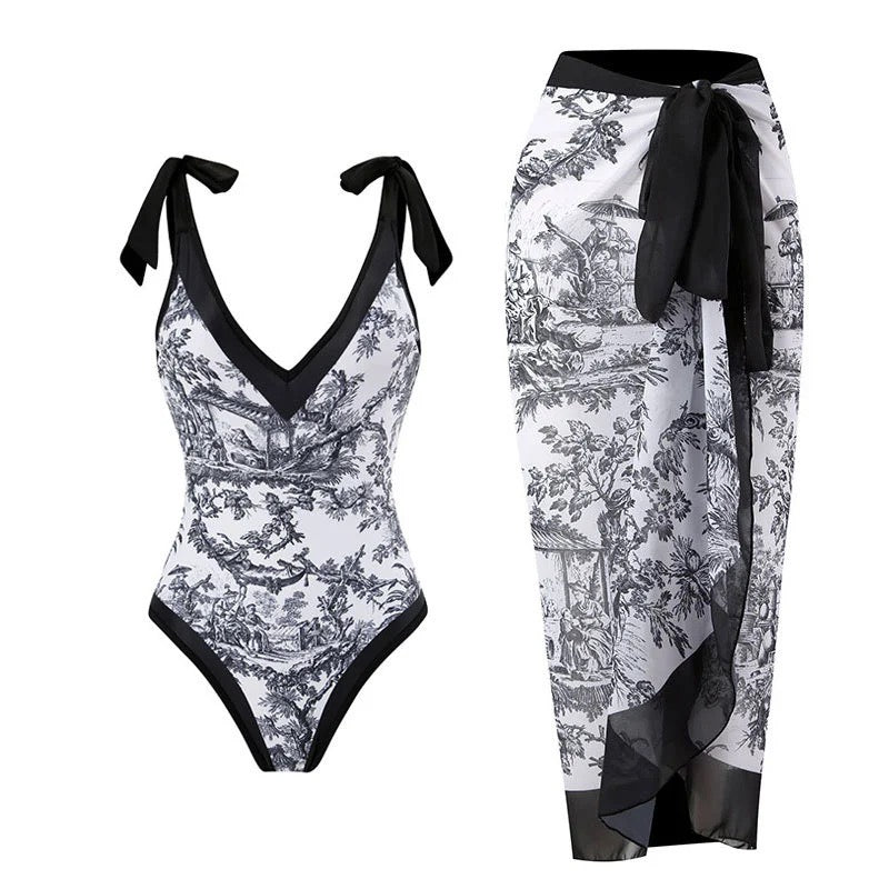 Printed Swimsuit with Sarong Set