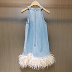 Chic Denim Mini Dress with Feather Hem