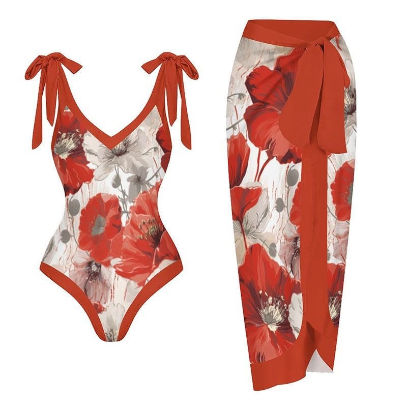 Floral Print Swimsuit with Sarong