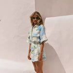 Patterned Short-Sleeve Shirt and Mini Skirt Set