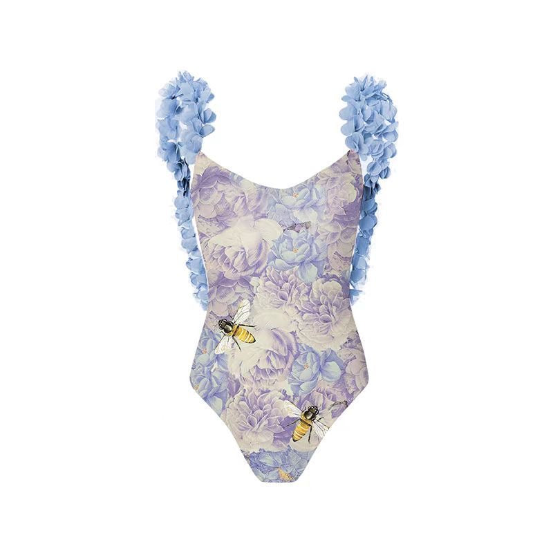 Floral and Bee Print Swimsuit with Sarong