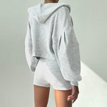 Alo Yoga Serenity Bra, High-Waist Biker Short, and Zip Hoodie Set