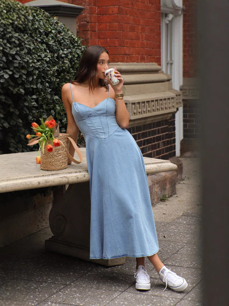 Effortless Light Wash Denim Midi Dress