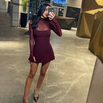 Alluring Burgundy Mesh Overlay Mini Dress