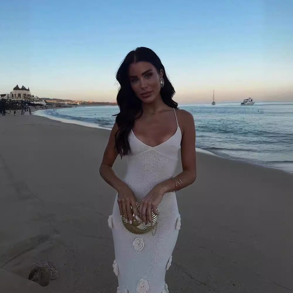 Elegant White Floral Appliqué Maxi Dress