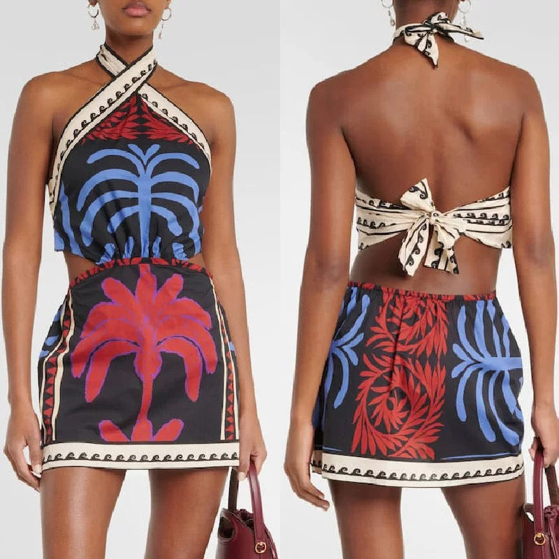 Halter Neck Mini Dress with Botanical Print