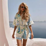 Patterned Short-Sleeve Shirt and Mini Skirt Set