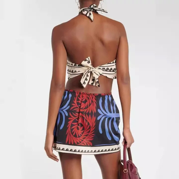 Halter Neck Mini Dress with Botanical Print