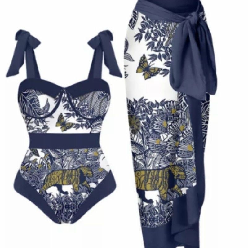 Tiger and Butterfly Print Swimsuit with Sarong