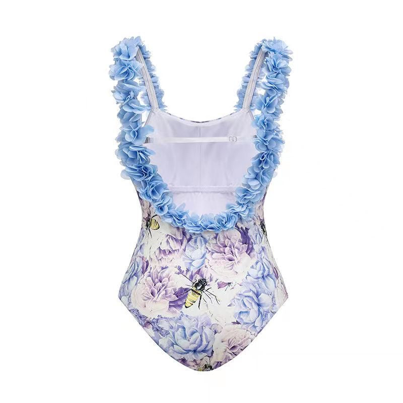 Floral and Bee Print Swimsuit with Sarong