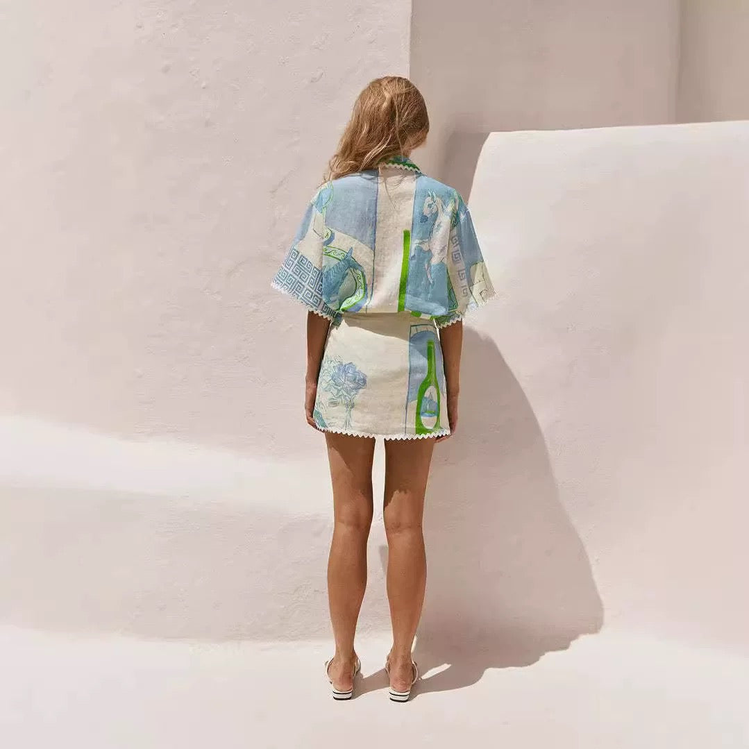 Patterned Short-Sleeve Shirt and Mini Skirt Set