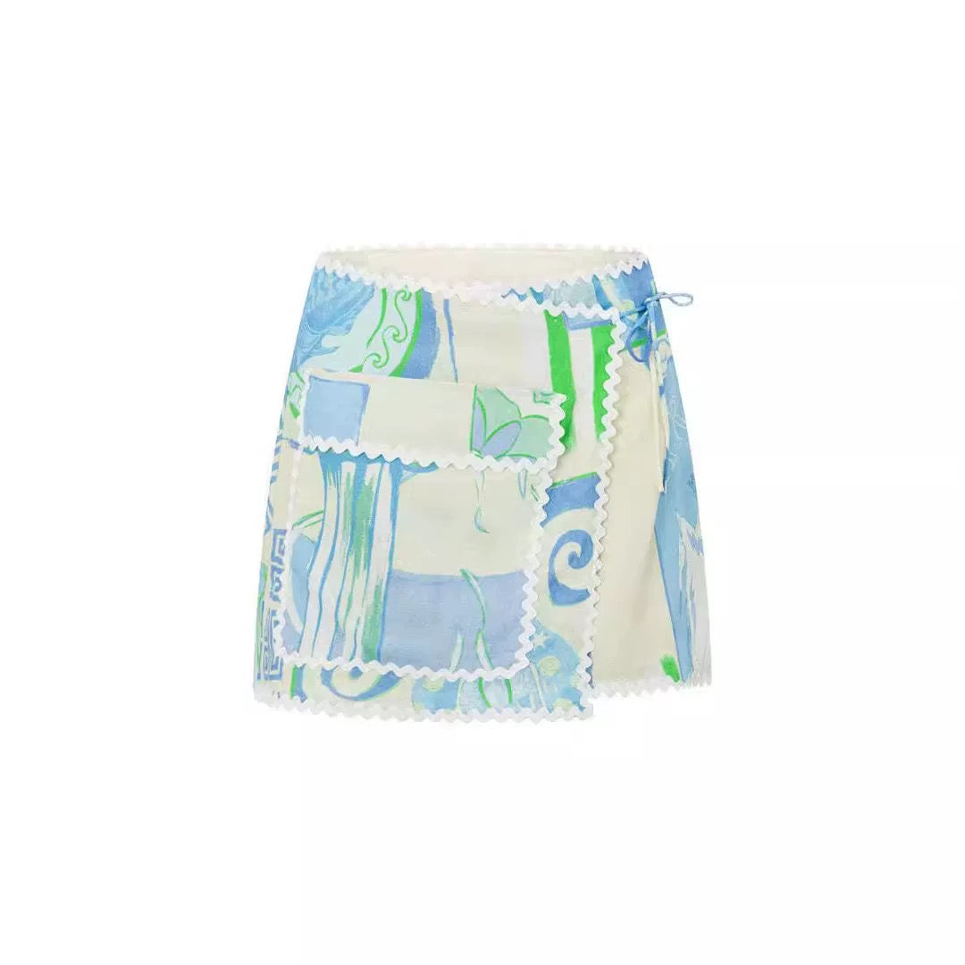 Patterned Short-Sleeve Shirt and Mini Skirt Set