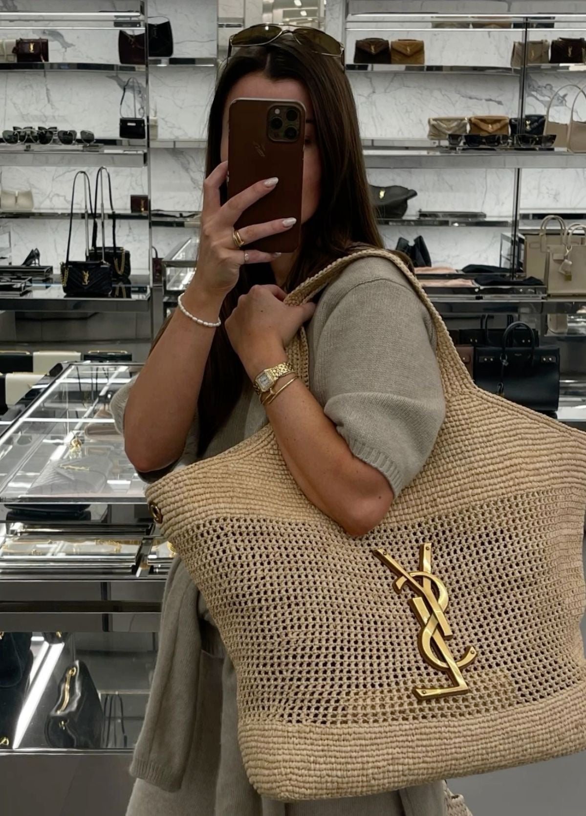 Saint Laurent Icare Maxi Gold Natural Crochet Raffia Tote