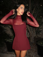 Alluring Burgundy Mesh Overlay Mini Dress