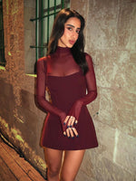 Alluring Burgundy Mesh Overlay Mini Dress