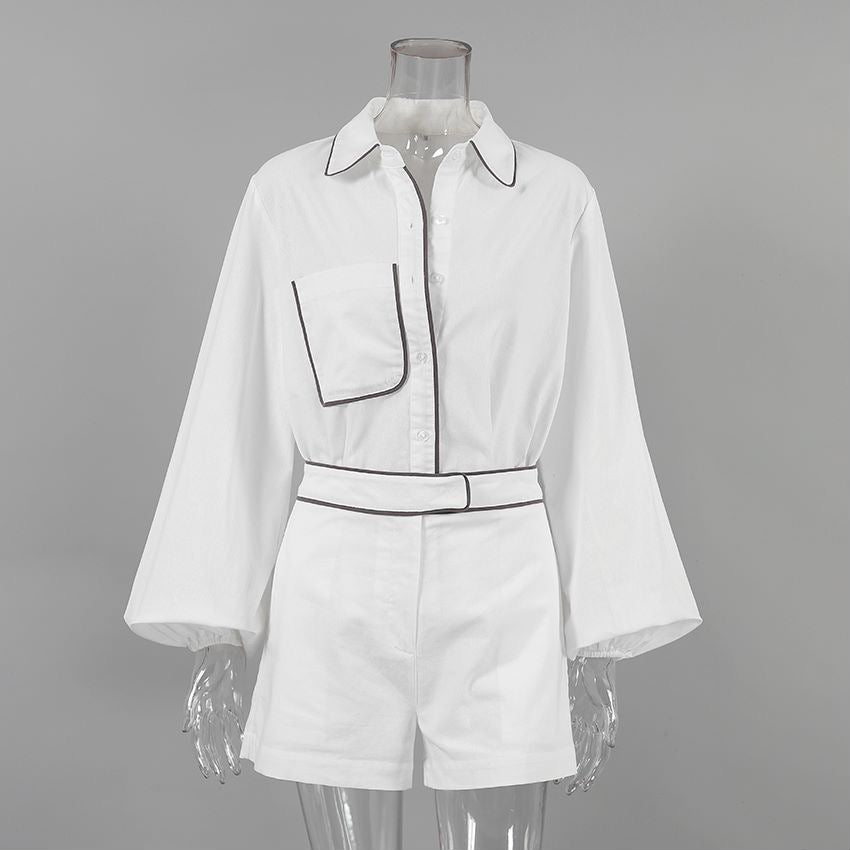 Crisp White Shirt and Belted Shorts Set