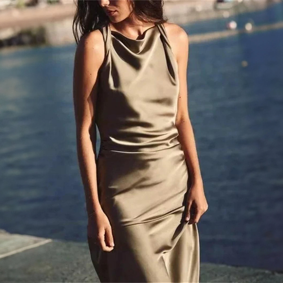 women's sleeveless sexy silk satin midi dress