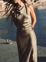 women's sleeveless sexy silk satin midi dress