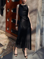 women's sleeveless sexy silk satin midi dress