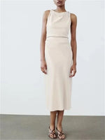 women's sleeveless sexy silk satin midi dress