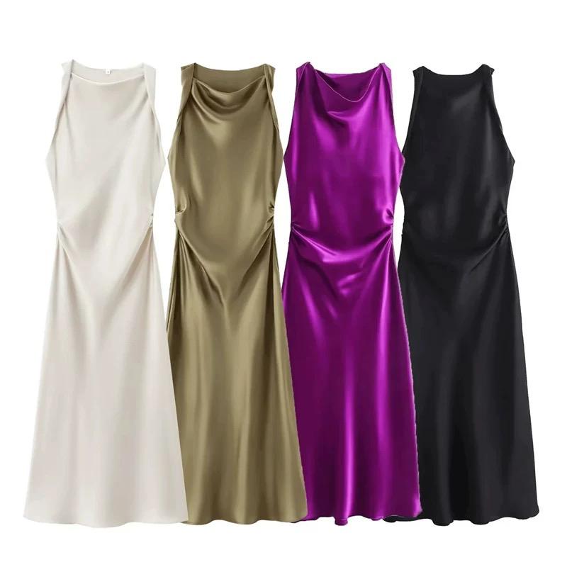 women's sleeveless sexy silk satin midi dress