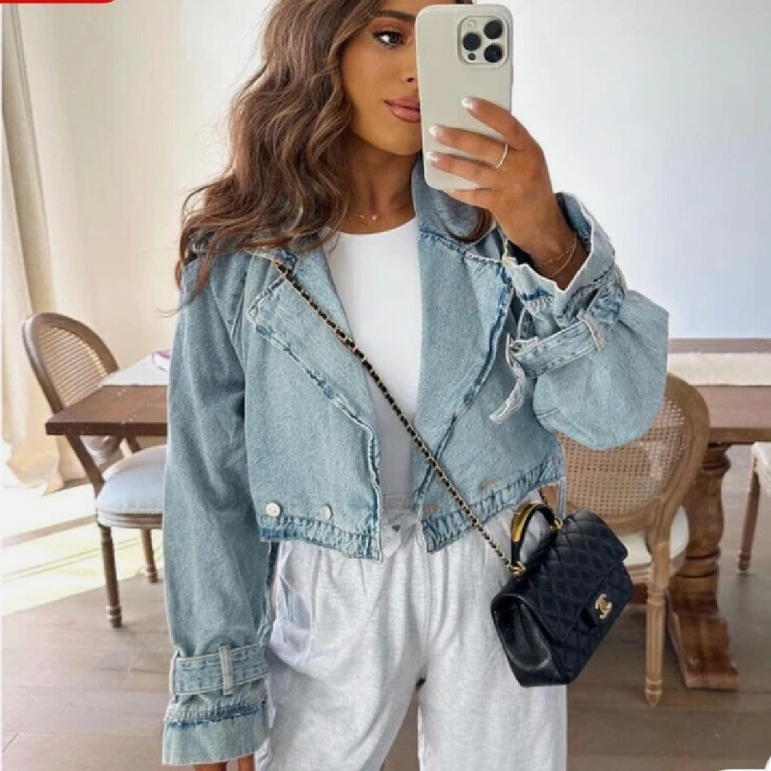 Cropped Belted Denim Jacket