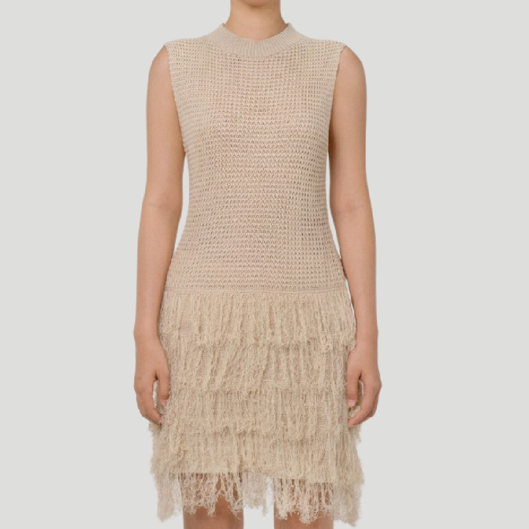 Textured Sleeveless Mini Dress with Fringe Hem