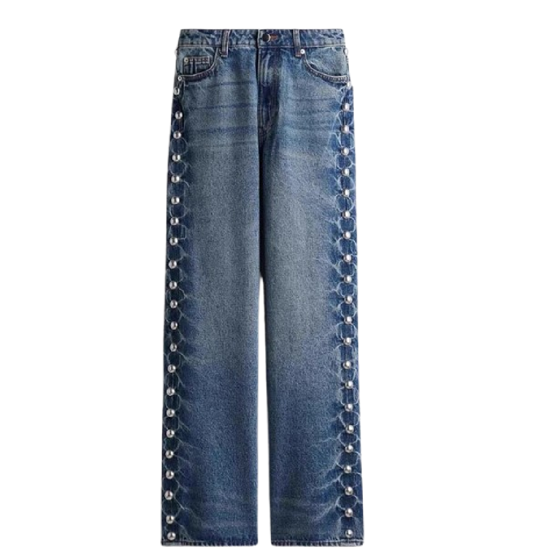 Pearl-Embellished Vintage Straight-Leg Jeans