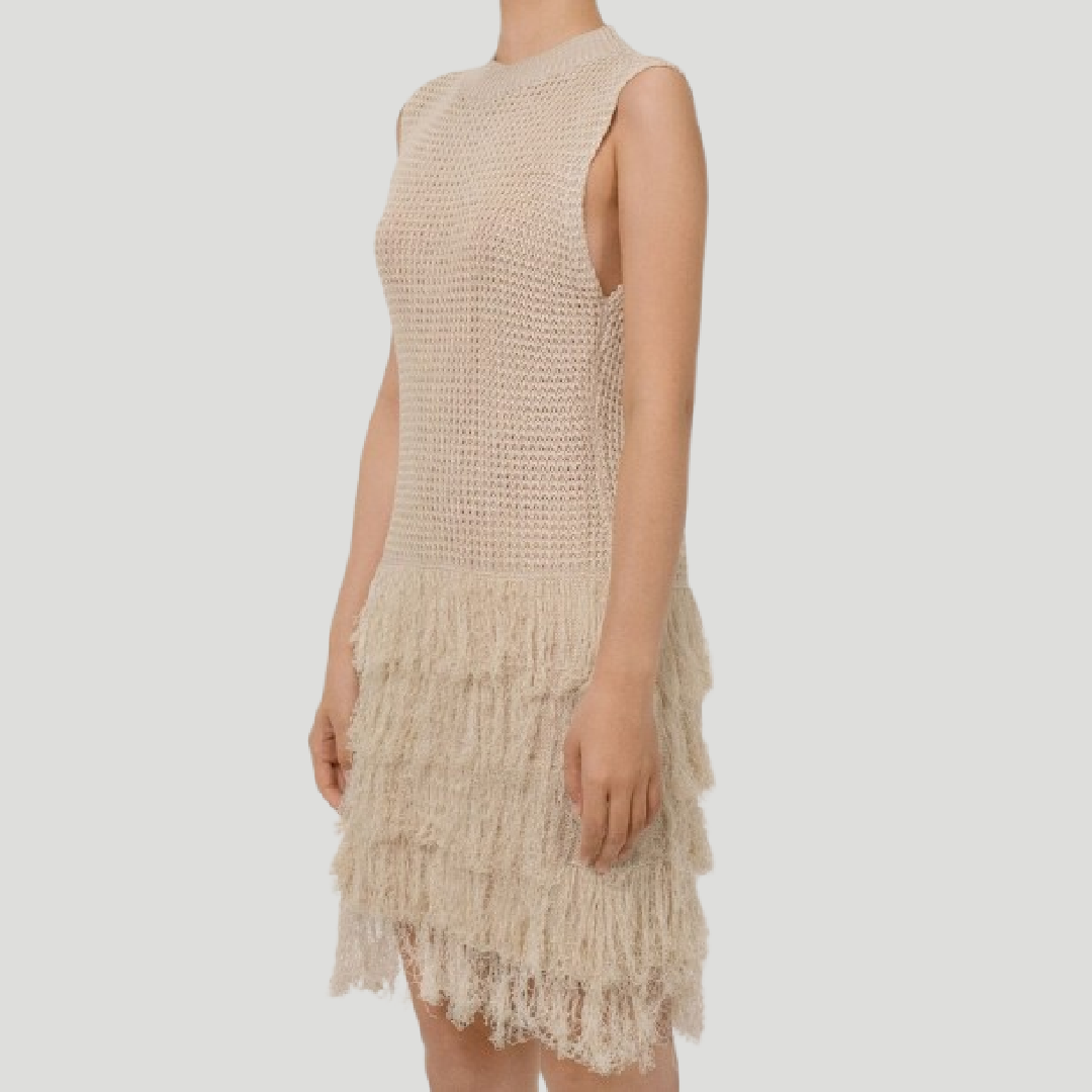 Textured Sleeveless Mini Dress with Fringe Hem