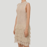 Textured Sleeveless Mini Dress with Fringe Hem
