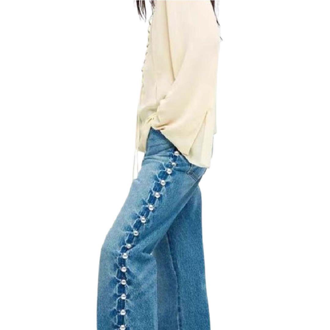 Pearl-Embellished Vintage Straight-Leg Jeans