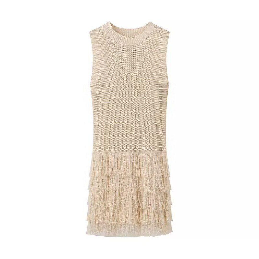 Textured Sleeveless Mini Dress with Fringe Hem