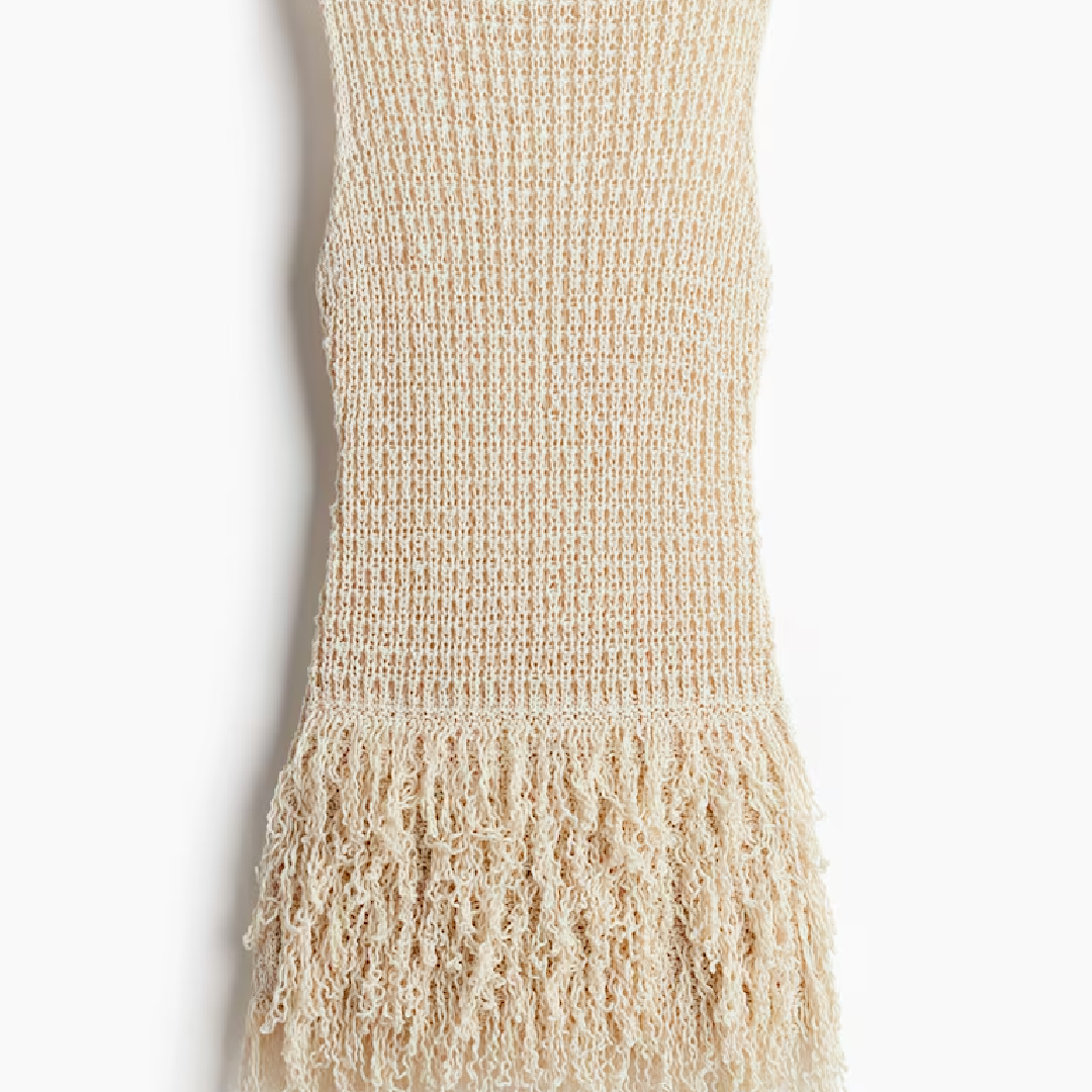 Textured Sleeveless Mini Dress with Fringe Hem