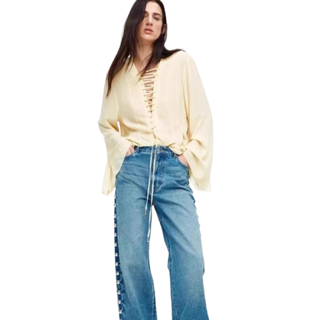 Pearl-Embellished Vintage Straight-Leg Jeans