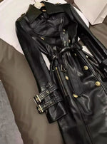 double-breasted belt leather long jacket