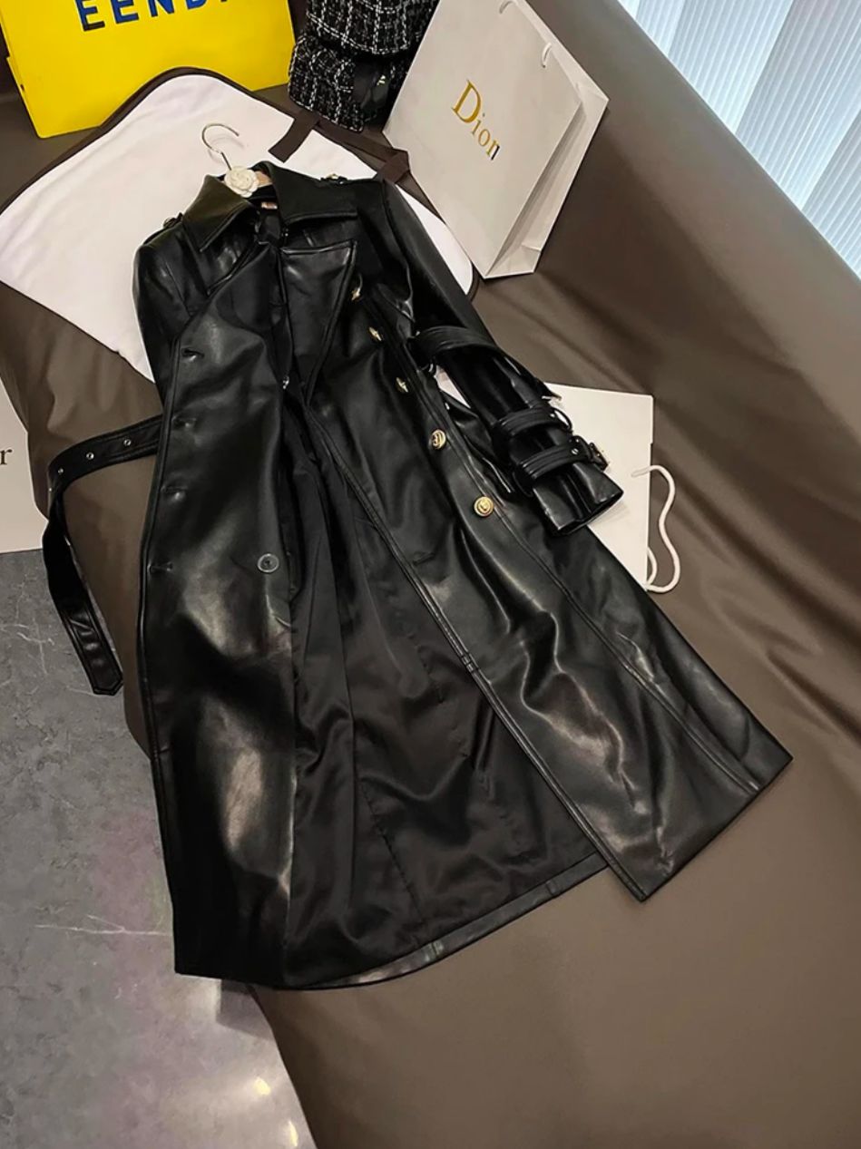 double-breasted belt leather long jacket
