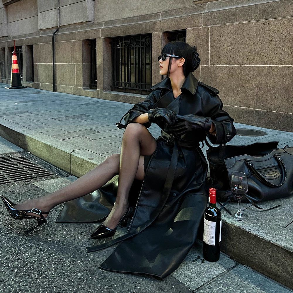 leather coat high-end waist slimming windbreake