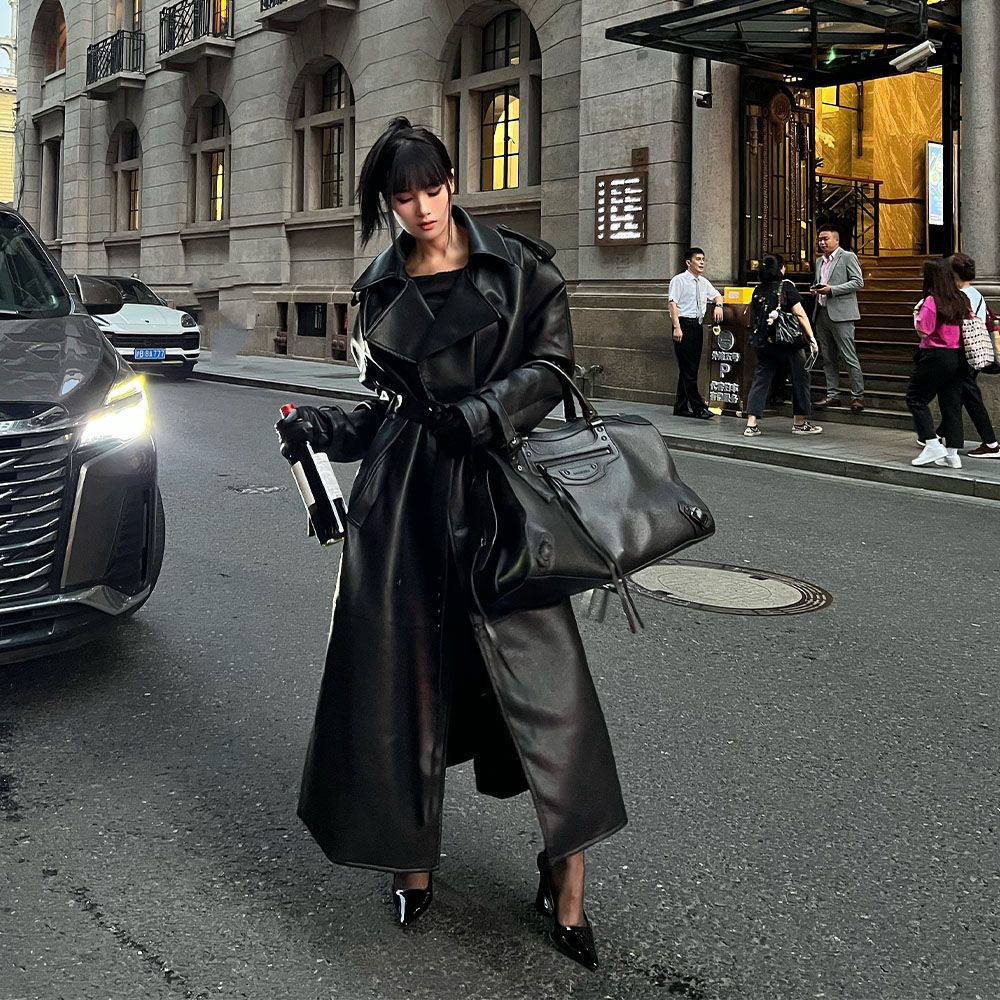 leather coat high-end waist slimming windbreake