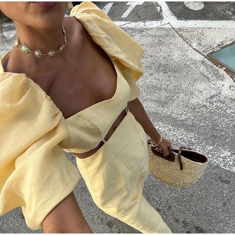 Puff Sleeve Cutout Midi Dress