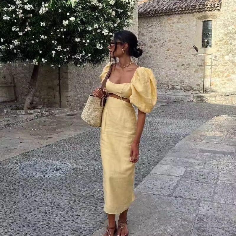 Puff Sleeve Cutout Midi Dress