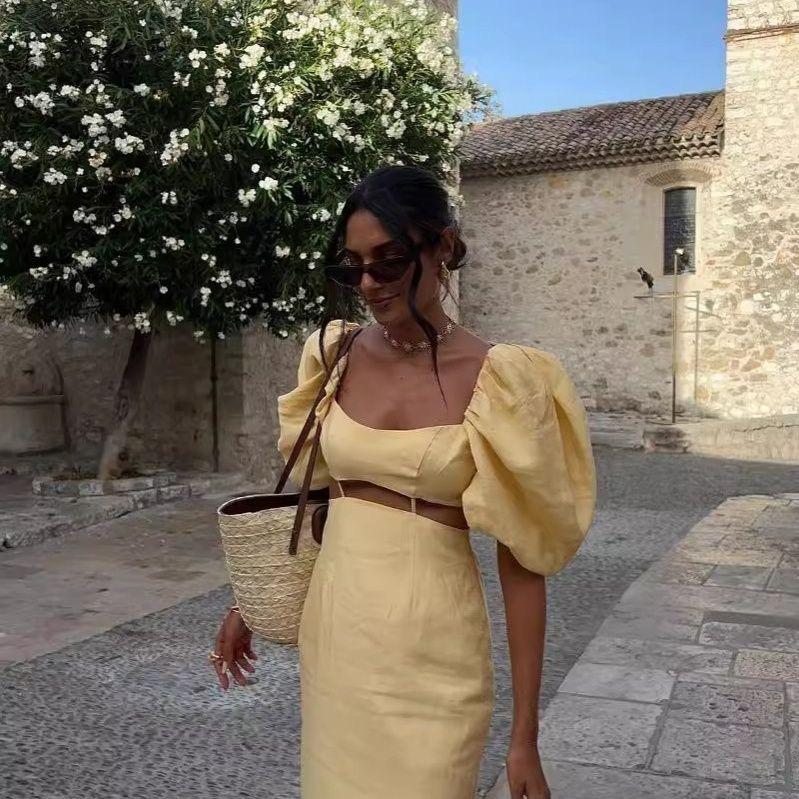 Puff Sleeve Cutout Midi Dress