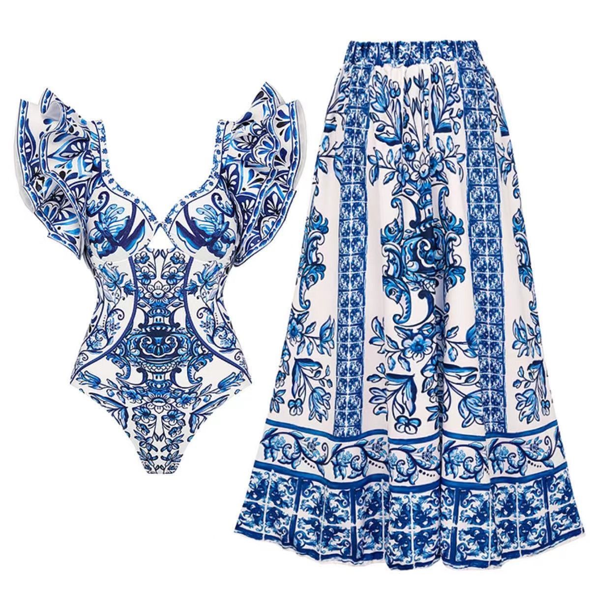 Printed Swimsuit and Maxi Skirt Set