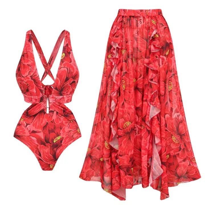 Printed Swimsuit and Maxi Skirt Set