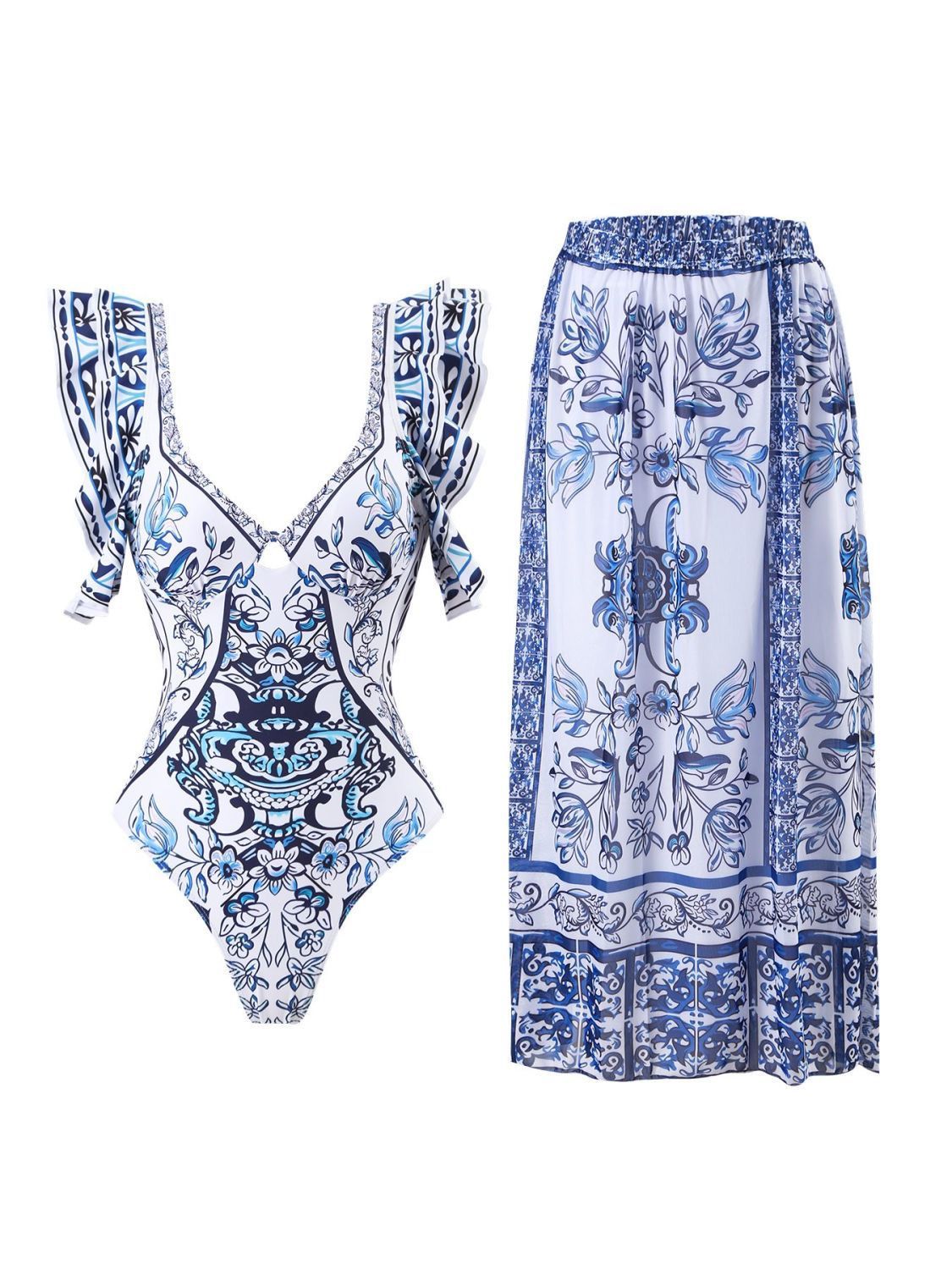 Printed Swimsuit and Maxi Skirt Set