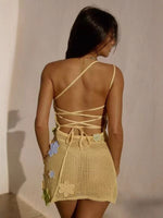 Crochet One-Shoulder Mini Dress with Floral Appliqués