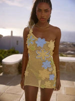 Crochet One-Shoulder Mini Dress with Floral Appliqués