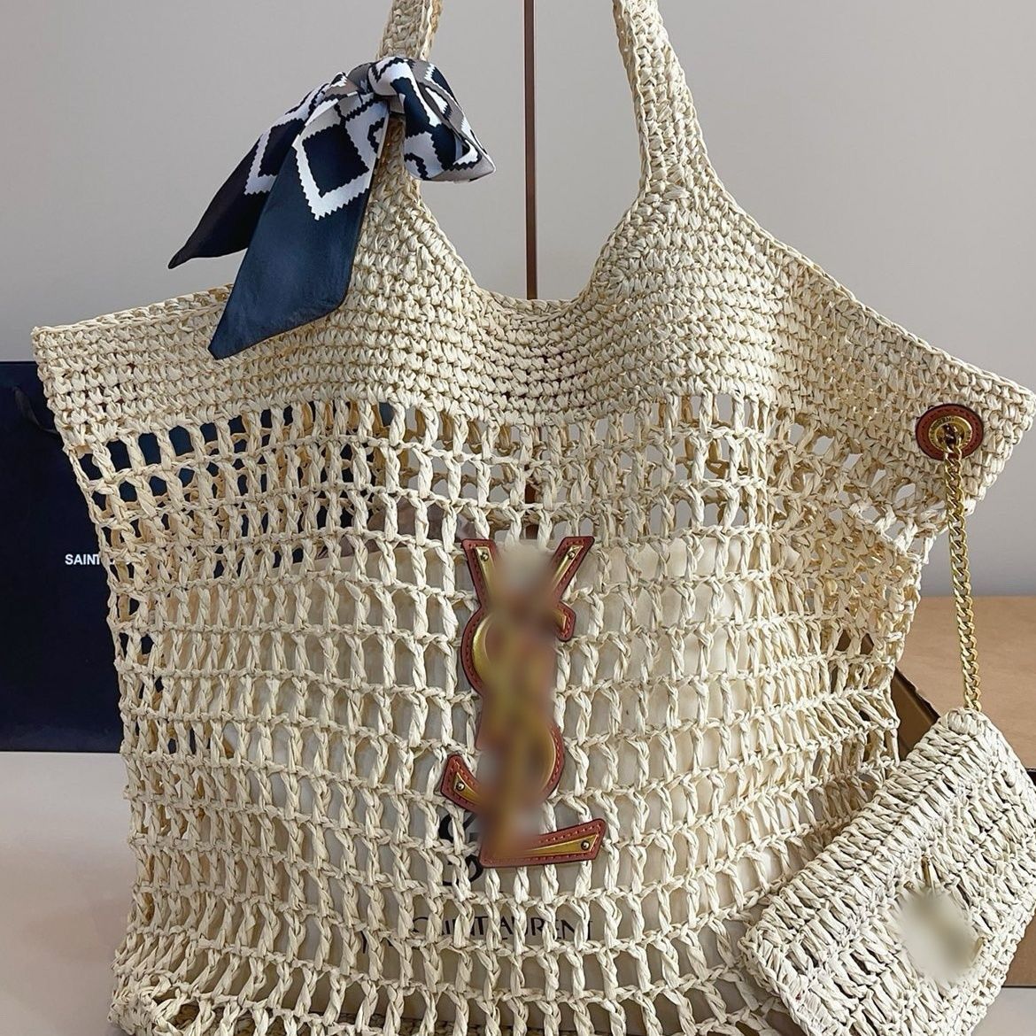 Saint Laurent Icare Maxi Gold Natural Crochet Raffia Tote