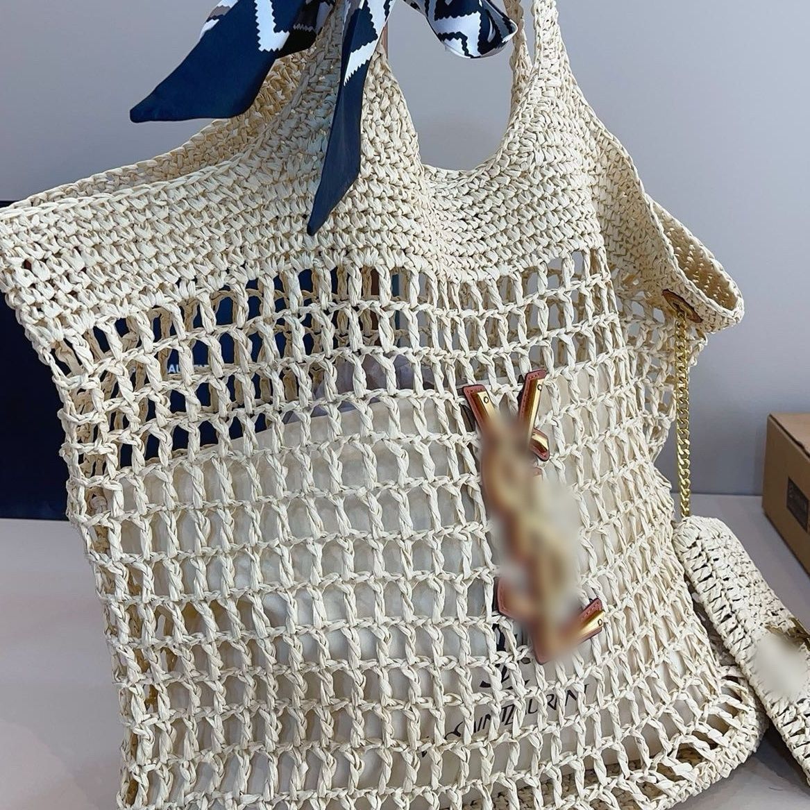 Saint Laurent Icare Maxi Gold Natural Crochet Raffia Tote